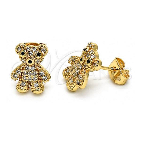 Oro Laminado Stud Earring, Gold Filled Style Teddy Bear Design, with White and Black Micro Pave, Polished, Golden Finish, 02.342.0198