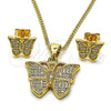 Oro Laminado Earring and Pendant Adult Set, Gold Filled Style Butterfly Design, with White Micro Pave, Polished, Golden Finish, 10.342.0065