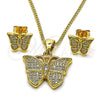 Oro Laminado Earring and Pendant Adult Set, Gold Filled Style Butterfly Design, with White Micro Pave, Polished, Golden Finish, 10.342.0065