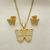 Oro Laminado Earring and Pendant Adult Set, Gold Filled Style Butterfly Design, with White Micro Pave, Polished, Golden Finish, 10.342.0065