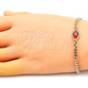 Oro Laminado Fancy Bracelet, Gold Filled Style Evil Eye Design, with Garnet Cubic Zirconia and White Micro Pave, Polished, Golden Finish, 03.213.0143.1.07 (100 Gauge, 04 MM Thickness, 7 Inches Length)
