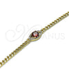 Oro Laminado Fancy Bracelet, Gold Filled Style Evil Eye Design, with Garnet Cubic Zirconia and White Micro Pave, Polished, Golden Finish, 03.213.0143.1.07 (100 Gauge, 04 MM Thickness, 7 Inches Length)