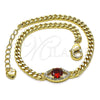Oro Laminado Fancy Bracelet, Gold Filled Style Evil Eye Design, with Garnet Cubic Zirconia and White Micro Pave, Polished, Golden Finish, 03.213.0143.1.07 (100 Gauge, 04 MM Thickness, 7 Inches Length)