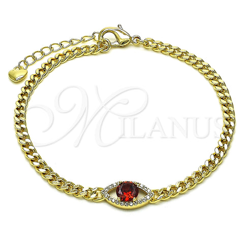 Oro Laminado Fancy Bracelet, Gold Filled Style Evil Eye Design, with Garnet Cubic Zirconia and White Micro Pave, Polished, Golden Finish, 03.213.0143.1.07 (100 Gauge, 04 MM Thickness, 7 Inches Length)