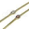 Oro Laminado Fancy Bracelet, Gold Filled Style Evil Eye Design, with Garnet Cubic Zirconia and White Micro Pave, Polished, Golden Finish, 03.213.0143.1.07 (100 Gauge, 04 MM Thickness, 7 Inches Length)