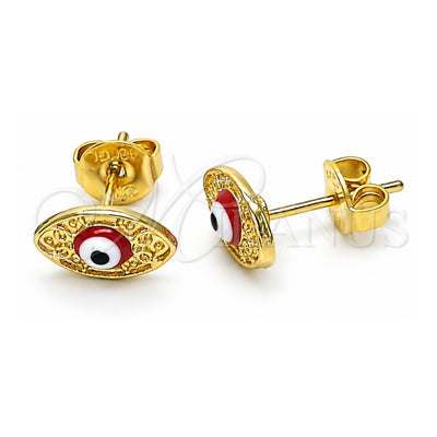 Oro Laminado Stud Earring, Gold Filled Style Evil Eye Design, Red Enamel Finish, Golden Finish, 02.213.0398