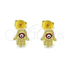 Oro Laminado Stud Earring, Gold Filled Style Hand of God and Evil Eye Design, Red Enamel Finish, Golden Finish, 02.213.0399