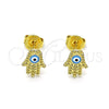 Oro Laminado Stud Earring, Gold Filled Style Hand and Evil Eye Design, Azul claro Enamel Finish, Golden Finish, 02.213.0399.2