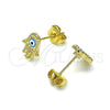 Oro Laminado Stud Earring, Gold Filled Style Hand and Evil Eye Design, Azul claro Enamel Finish, Golden Finish, 02.213.0399.2