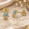 Oro Laminado Stud Earring, Gold Filled Style Hand and Evil Eye Design, Azul claro Enamel Finish, Golden Finish, 02.213.0399.2