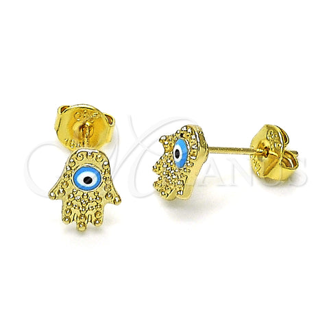 Oro Laminado Stud Earring, Gold Filled Style Hand and Evil Eye Design, Azul claro Enamel Finish, Golden Finish, 02.213.0399.2
