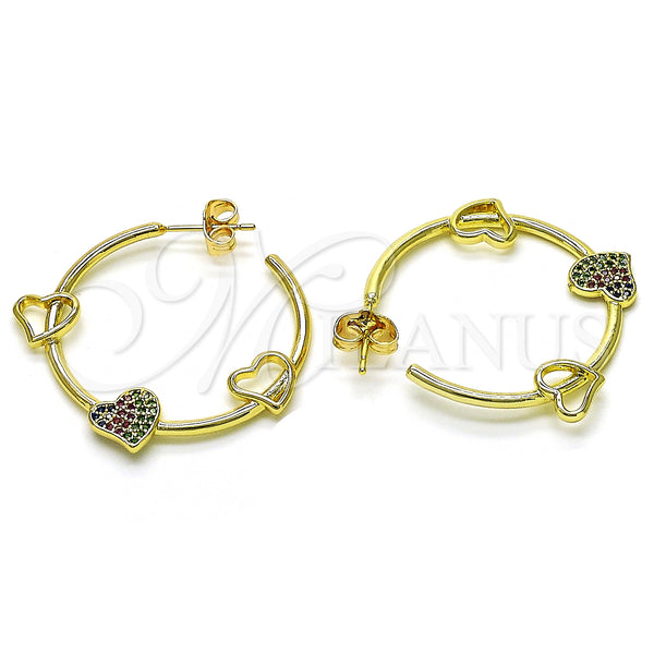 Gold Filled Hoop Earrings — Medium Hoop Heart Design with Multicolor Micro Pave — main product view — SKU 148487 | Oro Laminado aretes de aro — Medium Hoop corazón diseño with Multicolor Micro Pave — SKU 148487