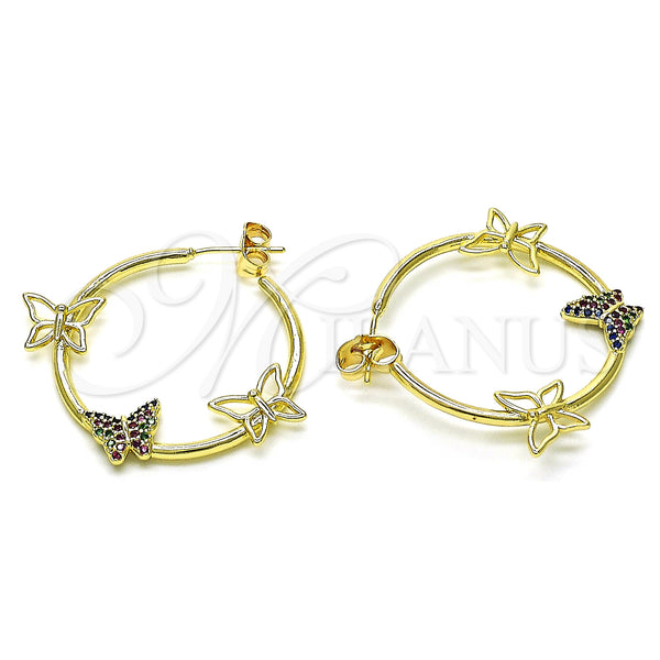 Gold Filled Hoop Earrings — Medium Hoop Butterfly Design with Multicolor Micro Pave — main product view — SKU 148491 | Oro Laminado aretes de aro — Medium Hoop Butterfly diseño with Multicolor Micro Pave — SKU 148491