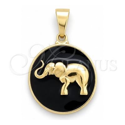 Oro Laminado Fancy Pendant, Gold Filled Style Elephant Design, Black Enamel Finish, Golden Finish, 05.32.0091