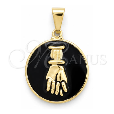 Oro Laminado Fancy Pendant, Gold Filled Style Judaica and Hand of God Design, Black Enamel Finish, Golden Finish, 05.32.0092