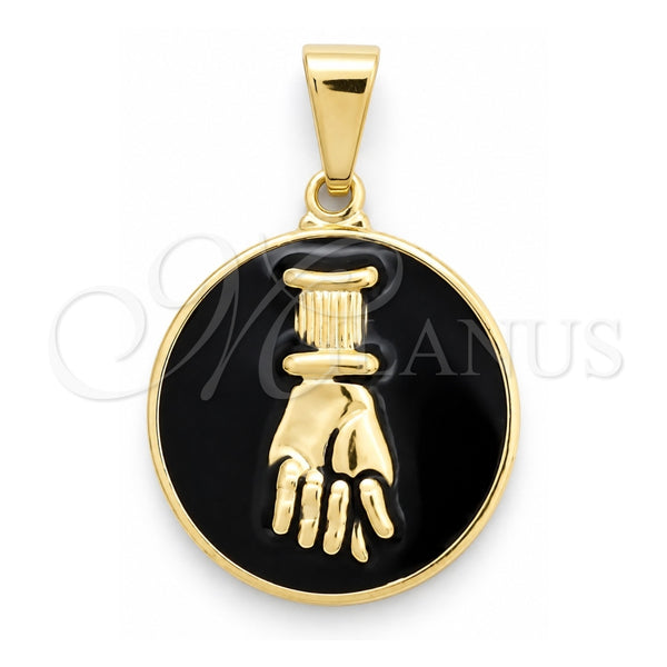 Oro Laminado Fancy Pendant, Gold Filled Style Judaica and Hand of God Design, Black Enamel Finish, Golden Finish, 05.32.0092