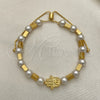 Oro Laminado Adjustable Bolo Bracelet, Gold Filled Style Judaica and Hand of God Design, with White Pearl, Polished, Golden Finish, 03.32.0574 (01 MM Thickness, 7 Inches Length)