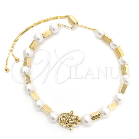Oro Laminado Adjustable Bolo Bracelet, Gold Filled Style Hand of God and Ball Design, with White Pearl, Polished, Golden Finish, 03.32.0574 (01 MM Thickness, 7 Inches Length)