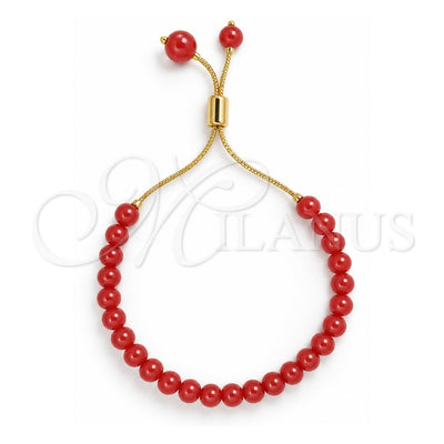 Oro Laminado Adjustable Bolo Bracelet, Gold Filled Style Ball Design, with Garnet Pearl, Polished, Golden Finish, 03.32.0575 (01 MM Thickness, 7 Inches Length)