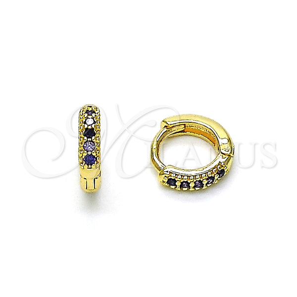 Gold Filled Hoop Earrings — Huggie Hoop with Dark Amethyst Micro Pave Polished — main product view — SKU 148515 | Oro Laminado aretes de aro — Huggie Hoop with Dark Amethyst Micro Pave pulido — SKU 148515