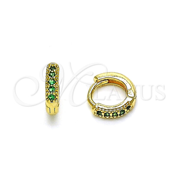 Gold Filled Hoop Earrings — Huggie Hoop with Green Micro Pave Polished 02. — main product view — SKU 148516 | Oro Laminado aretes de aro — Huggie Hoop with Green Micro Pave pulido 02. — SKU 148516