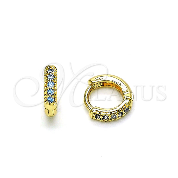 Gold Filled Hoop Earrings — Huggie Hoop with Aqua Blue Micro Pave Polished — main product view — SKU 148518 | Oro Laminado aretes de aro — Huggie Hoop with Aqua Blue Micro Pave pulido — SKU 148518