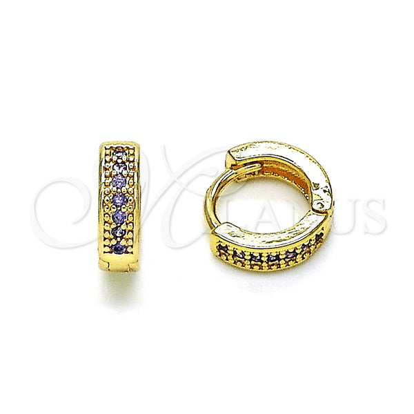 Gold Filled Hoop Earrings — Huggie Hoop with Dark Amethyst Micro Pave Polished — main product view — SKU 148522 | Oro Laminado aretes de aro — Huggie Hoop with Dark Amethyst Micro Pave pulido — SKU 148522