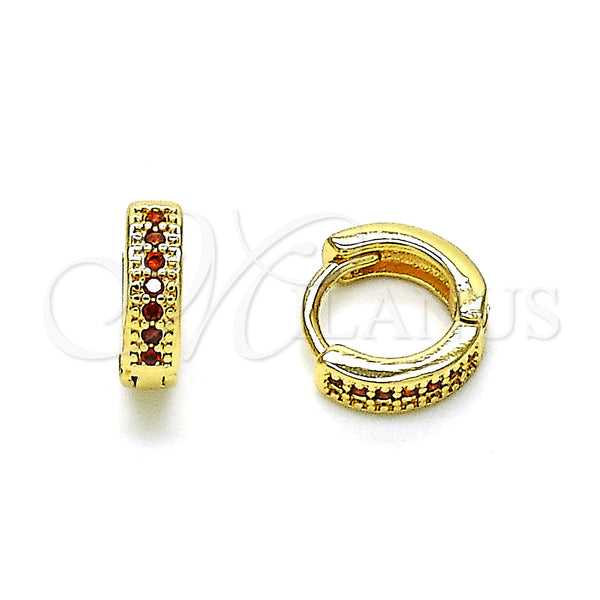 Gold Filled Hoop Earrings — Huggie Hoop with Garnet Micro Pave Polished 02. — main product view — SKU 148523 | Oro Laminado aretes de aro — Huggie Hoop with Garnet Micro Pave pulido 02. — SKU 148523