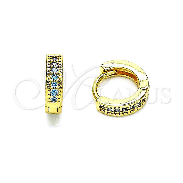 Gold Filled Hoop Earrings — Huggie Hoop with Aqua Blue Micro Pave Polished — main product view — SKU 148525 | Oro Laminado aretes de aro — Huggie Hoop with Aqua Blue Micro Pave pulido — SKU 148525
