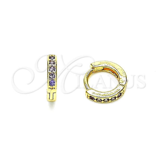 Gold Filled Hoop Earrings — Huggie Hoop with Dark Amethyst Micro Pave Polished — main product view — SKU 148528 | Oro Laminado aretes de aro — Huggie Hoop with Dark Amethyst Micro Pave pulido — SKU 148528