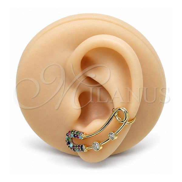 Oro Laminado Earcuff, Gold Filled Style Paperclip Design, with Multicolor Micro Pave and White Cubic Zirconia, Polished, Golden Finish, 02.210.0710