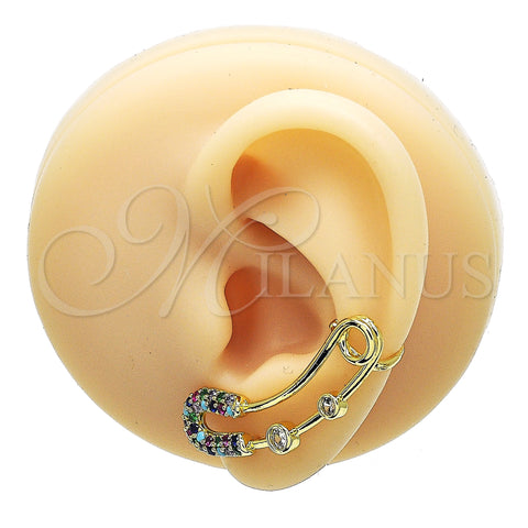 Oro Laminado Earcuff, Gold Filled Style Paperclip Design, with Multicolor Micro Pave and White Cubic Zirconia, Polished, Golden Finish, 02.210.0710