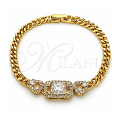 Oro Laminado Fancy Bracelet, Gold Filled Style Belt Buckle and Miami Cuban Design, with White Cubic Zirconia and White Micro Pave, Polished, Golden Finish, 03.283.0199.07 (140 Gauge, 05 MM Thickness, 8 Inches Length)