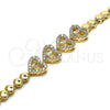 Oro Laminado Fancy Bracelet, Gold Filled Style Heart and Baguette Design, with White Cubic Zirconia and White Micro Pave, Polished, Golden Finish, 03.283.0203.07 (06 MM Thickness, 7 Inches Length)