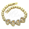 Oro Laminado Fancy Bracelet, Gold Filled Style Heart and Baguette Design, with White Cubic Zirconia and White Micro Pave, Polished, Golden Finish, 03.283.0203.07 (06 MM Thickness, 7 Inches Length)