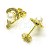 Oro Laminado Stud Earring, Gold Filled Style with Ivory Pearl and White Micro Pave, Polished, Golden Finish, 02.156.0654