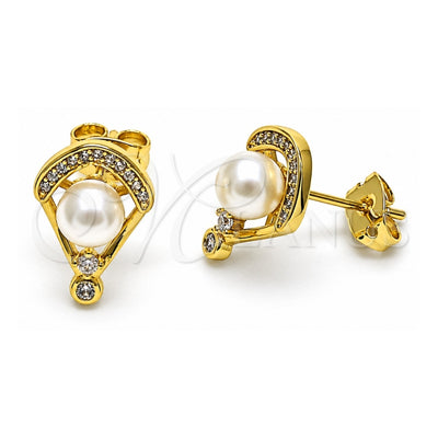Oro Laminado Stud Earring, Gold Filled Style with Ivory Pearl and White Micro Pave, Polished, Golden Finish, 02.156.0654