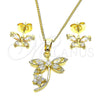 Oro Laminado Earring and Pendant Adult Set, Gold Filled Style Dragon-Fly and Flower Design, with White Cubic Zirconia, Polished, Golden Finish, 10.210.0160