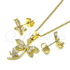 Oro Laminado Earring and Pendant Adult Set, Gold Filled Style Dragon-Fly and Flower Design, with White Cubic Zirconia, Polished, Golden Finish, 10.210.0160