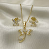 Oro Laminado Earring and Pendant Adult Set, Gold Filled Style Dragon-Fly and Flower Design, with White Cubic Zirconia, Polished, Golden Finish, 10.210.0160