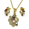 Oro Laminado Earring and Pendant Adult Set, Gold Filled Style Peacock Design, with Multicolor Cubic Zirconia, Polished, Golden Finish, 10.210.0161.1