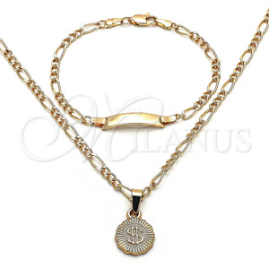 Gold Filled Bracelet — Necklace and Bracelet Money Sign and Figaro Design — main product view — SKU 148574 | Oro Laminado brazalete — Necklace and Bracelet Money Sign and Figaro diseño — SKU 148574