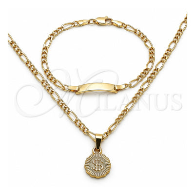 Oro Laminado Necklace and Bracelet, Gold Filled Style Money Sign and Figaro Design, Polished, Golden Finish, 06.63.0258