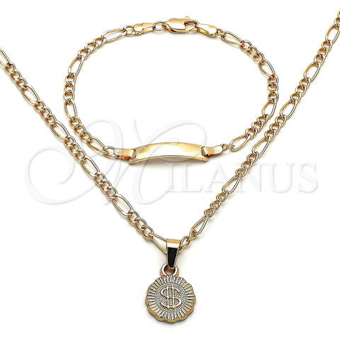 Oro Laminado Necklace and Bracelet, Gold Filled Style Money Sign and Figaro Design, Polished, Golden Finish, 06.63.0258