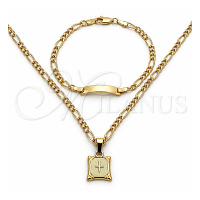 Oro Laminado Necklace and Bracelet, Gold Filled Style Cross and Figaro Design, Polished, Golden Finish, 06.63.0259