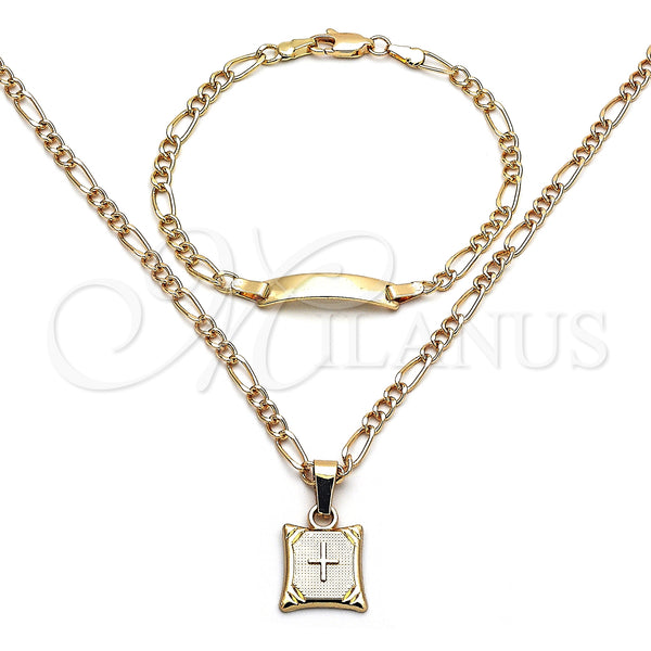 Oro Laminado Necklace and Bracelet, Gold Filled Style Cross and Figaro Design, Polished, Golden Finish, 06.63.0259