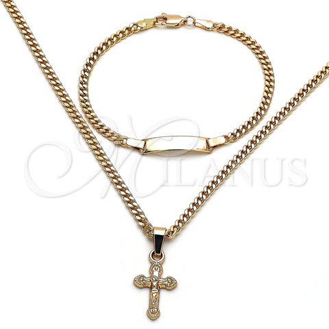 Oro Laminado Necklace and Bracelet, Gold Filled Style Crucifix and Miami Cuban Design, Polished, Golden Finish, 06.63.0261