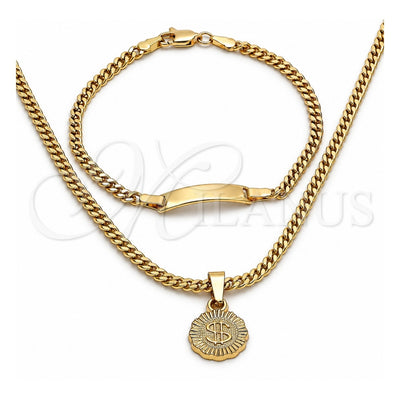 Oro Laminado Necklace and Bracelet, Gold Filled Style Money Sign Design, Polished, Golden Finish, 06.63.0263
