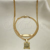 Oro Laminado Necklace and Bracelet, Gold Filled Style Cross and Miami Cuban Design, Polished, Golden Finish, 06.63.0264