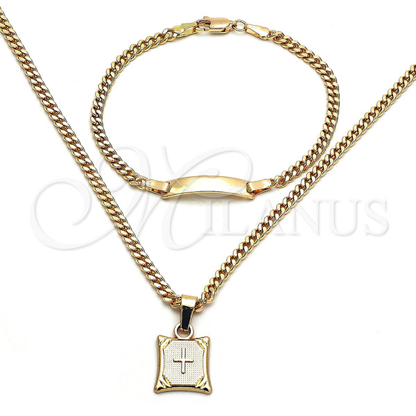 Oro Laminado Necklace and Bracelet, Gold Filled Style Cross and Miami Cuban Design, Polished, Golden Finish, 06.63.0264